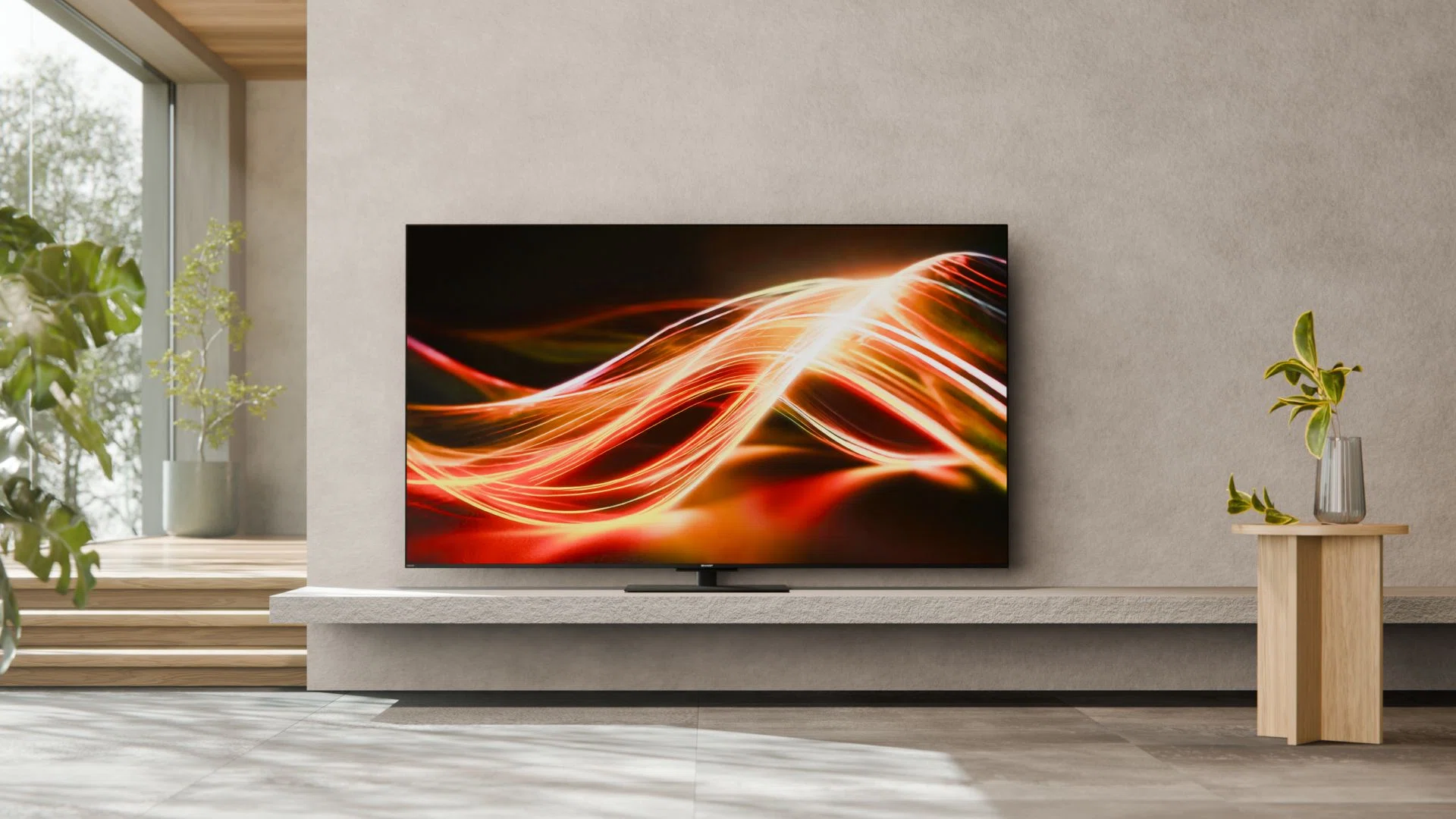 Sharp TV displaying vibrant abstract visuals